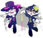  2boys aori_(splatoon) aori_(splatoon)_(cosplay) belt black_hair cosplay disco_(sbr) fangs food food_on_head fusion hat hotaru_(splatoon) hotaru_(splatoon)_(cosplay) jitome jojo_no_kimyou_na_bouken magenta_magenta male_focus monster_boy multiple_boys object_on_head pantyhose pointy_ears sizma splatoon_(series) splatoon_1 standing standing_on_one_leg steel_ball_run 