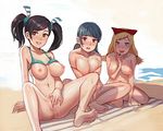  3girls beach cyphers gradient gradient_background jpeg_artifacts multiple_girls nude uncensored 