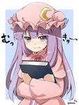  book book_hug coat crescent crossed_arms dress hat holding holding_book long_hair long_sleeves looking_at_viewer mob_cap mukyuu open_clothes open_coat patchouli_knowledge purple_eyes purple_hair solo striped striped_dress tears touhou translated upper_body wide_sleeves yutamaro 