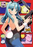  1girl :o animal_ears aqua_eyes aqua_hair armor ass back bad_id bad_pixiv_id bangs bare_shoulders beretta_92 blue_legwear blunt_bangs blush breasts bulma bunny_ears bunny_tail bunnysuit circle_name clenched_teeth constricted_pupils cover cover_page cowboy_shot detached_collar doujin_cover dragon_ball dragon_ball_(classic) dragon_ball_z eyebrows fake_animal_ears fake_tail finger_on_trigger flat_ass from_behind gun hairband hand_on_hip handgun holding holding_gun holding_weapon kanekiyo_miwa kemonomimi_mode leotard long_hair looking_at_viewer looking_back medium_breasts open_mouth outline pantyhose pistol polka_dot polka_dot_background shadow shiny shiny_hair short_hair sky space space_craft star_(sky) starry_sky strapless strapless_leotard sweat tail teeth thick_eyebrows vegeta weapon widow's_peak wrist_cuffs 