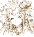  aliza_(granblue_fantasy) draph earrings granblue_fantasy hair_pulled_back horns jewelry junwool long_hair monochrome pointy_ears sepia simple_background smile solo upper_body white_background 