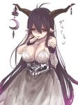  bandaged_arm bandages bangs bare_shoulders black_gloves breasts character_name crescent danua draph dress fingerless_gloves gloves granblue_fantasy hair_between_eyes highres horn_ornament horns jewelry large_breasts long_hair necklace open_mouth pale_skin pointy_ears solo subaru18 tareme white_dress 