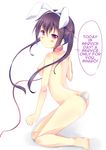  1girl animal_ears ass blush breasts bunny_ears bunny_tail collar fake_animal_ears gochuumon_wa_usagi_desu_ka? hard_translated hinata_yuu_(atelierhinata) leash long_hair nipples nude purple_eyes purple_hair simple_background smile solo tail tedeza_rize translated twintails yuri 