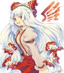  2015 blush bow dated fiery_wings fujiwara_no_mokou hair_bow hair_ornament hair_ribbon iroyopon long_hair long_sleeves looking_at_viewer open_mouth pants puffy_sleeves red_eyes ribbon round_teeth shirt signature simple_background smile solo teeth touhou upper_body white_background wings 