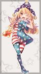  american_flag_dress american_flag_legwear blonde_hair clownpiece dress frame hat highres jester_cap long_hair looking_at_viewer oimo_(imoyoukan) one_eye_closed open_mouth pantyhose print_dress red_eyes short_dress smile solo standing standing_on_one_leg star striped striped_dress striped_legwear torch touhou v very_long_hair 