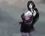  black_hair breasts chubymi elbow_gloves final_fantasy final_fantasy_vii fingerless_gloves gloves gradient gradient_background looking_at_viewer navel nipples skirt solo stomach suspenders tifa_lockhart topless upper_body 
