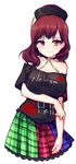  breast_padding breasts brown_eyes brown_hair chain clothes_writing collar hat hecatia_lapislazuli highres large_breasts multicolored multicolored_clothes multicolored_skirt off_shoulder polos_crown red_hair shirt skirt smile solo touhou uranaishi_(miraura) 