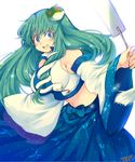  2015 blue_eyes blush breasts crop_top dated detached_sleeves downscaled frog_hair_ornament gohei green_hair hair_ornament hair_tubes iroyopon japanese_clothes kochiya_sanae large_breasts long_hair long_sleeves looking_at_viewer md5_mismatch midriff miko navel open_mouth resized round_teeth signature simple_background skirt smile snake_hair_ornament solo teeth touhou white_background wide_sleeves 