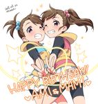  artist_name bike_shorts blush brown_hair character_name cheek-to-cheek dated futami_ami futami_mami grin hair_bobbles hair_ornament happy_birthday hood hoodie idolmaster idolmaster_(classic) kanya_pyi long_hair looking_at_viewer multiple_girls one_eye_closed purple_eyes short_hair shorts shorts_under_skirt siblings side_ponytail signature sisters skirt smile star twins v 