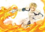  armor blonde_hair fate/extra fate_(series) faulds fire gauntlets gawain_(fate/extra) male_focus pauldrons solo sword urako weapon 