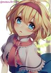  alice_margatroid blonde_hair blue_eyes blush capelet cropped dress hairband masaru.jp necktie open_mouth ribbon short_hair solo touhou twitter_username upper_body 