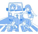  akagi_(kantai_collection) chibi crosswalk fairy_(kantai_collection) flag ground_vehicle hiryuu_(kantai_collection) jitome kaga_(kantai_collection) kantai_collection monochrome motor_vehicle multiple_girls shishigami_(sunagimo) souryuu_(kantai_collection) type_99_dive_bomber younger 