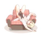  android armchair blonde_hair borisx breasts chair choker dress_shirt expressionless highres looking_at_viewer naked_shirt open_clothes open_shirt original parts_exposed red_eyes ribs shirt short_hair small_breasts solo string thighhighs upside-down 