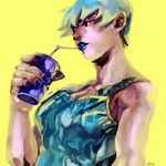  blue_lipstick blue_nails drink drinking foo_fighters green_hair jojo_no_kimyou_na_bouken kurasquall lipstick makeup nail_polish overalls short_hair signature simple_background solo yellow_background 