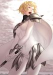  :o angry armor bangs blonde_hair bodysuit breasts cape clare_(claymore) claymore claymore_(sword) cloud cloudy_sky contrapposto covered_nipples cowboy_shot e_no_maigo faulds fighting_stance from_below from_side gloves grey_eyes highres holding holding_weapon looking_to_the_side medium_breasts open_mouth outdoors pauldrons short_hair shouting sky solo standing sword tongue turtleneck v-shaped_eyebrows vambraces weapon 