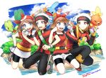  2girls bag bandana bike_shorts blue_eyes blue_sky brown_hair closed_eyes cloud day dual_persona fingerless_gloves gen_3_pokemon gloves grass great_ball grey_eyes hairband haruka_(pokemon) hat kiritani846 kneeling locked_arms master_ball mudkip multiple_boys multiple_girls open_mouth orange_eyes poke_ball poke_ball_(generic) pokemon pokemon_(creature) pokemon_(game) pokemon_oras pokemon_rse short_shorts shorts shorts_under_skirt sky smile torchic treecko ultra_ball water yuuki_(pokemon) 