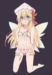  babydoll blonde_hair blue_eyes collarbone crying crying_with_eyes_open empty_eyes fairy_wings hat highres kneeling lily_white lingerie long_hair looking_at_viewer navel panties pink_panties shaded_face solo tally tears touhou underwear underwear_only very_long_hair wings yutamaro 