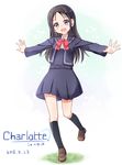  black_hair charlotte_(anime) kurose_yuuki long_hair otosaka_ayumi outstretched_arms purple_eyes school_uniform solo spread_arms 