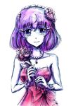  bare_shoulders bow colored_pencil_(medium) dress flower gata2013 hair_flower hair_ornament happy_birthday highres jewelry kakumeiki_valvrave looking_at_viewer necklace pearl_necklace red_dress rose sashinami_shouko sketch smile solo traditional_media upper_body white_background 