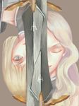  absurdres blonde_hair bodysuit clare_(claymore) claymore claymore_(sword) closed_eyes collarbone highres long_hair multiple_girls sanera short_hair silver_eyes sword teresa_(claymore) upside-down weapon 