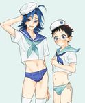  2boys arm_behind_head bikini black_hair blue_hair bulge cowboy_shot crop_top crossdressing glasses kuzu800 manami_sangaku multiple_boys onoda_sakamichi sailor sailor_hat short_hair side-tie_bikini simple_background size_difference swim_briefs swimsuit yowamushi_pedal 