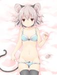 akagashi_hagane animal animal_ears bed_sheet black_legwear blue_bra blue_panties bra closed_mouth flat_chest from_above grey_hair looking_at_viewer lying mouse mouse_ears mouse_tail navel nazrin on_back on_bed panties red_eyes sheet_grab short_hair solo stomach tail thighhighs touhou underwear underwear_only 