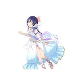  ankle_lace-up arm_ribbon bangs barefoot blue_hair bow bowtie butterfly_hair_ornament center_frills corsage cross-laced_footwear feathered_wings flower full_body hair_between_eyes hair_flower hair_ornament headset long_hair looking_at_viewer love_live! love_live!_school_idol_project non-web_source official_art parted_lips ribbon rose showgirl_skirt solo sonoda_umi striped striped_bow striped_neckwear transparent_background wings x_hair_ornament yellow_eyes 
