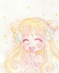  blonde_hair double_bun dwarf eyes_closed flower gradient gradient_background hair_flower hair_ornament hands_clasped mansherry one_piece open_mouth princess smile solo sparkle traditional_media 