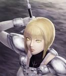  armor bad_id bad_pixiv_id blonde_hair clare_(claymore) claymore claymore_(sword) cloud collarbone e_no_maigo lips looking_at_viewer pauldrons short_hair solo sword weapon yellow_eyes 