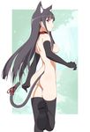  animal_ears ass bad_id bad_pixiv_id black_hair breasts cat_ears cat_tail collar elbow_gloves gloves long_hair looking_back namisi nipples nude out_of_frame outdoors red_eyes sidelocks small_breasts solo tail thighhighs 
