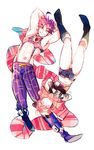  1girl bad_id bad_pixiv_id cosplay costume_switch jojo_no_kimyou_na_bouken joseph_joestar_(young) joseph_joestar_(young)_(cosplay) kuujou_jolyne kuujou_jolyne_(cosplay) midriff purple_hair red_hair red_stone_of_aja scarf senzzang short_shorts shorts striped striped_scarf 