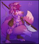  2015 anthro areola big_breasts breasts canine clothed clothing erect_nipples female fox glaive half-dressed huge_breasts mammal melee_weapon muscles muscular_female nipple_piercing nipples panties piercing polearm rai solo topless underwear weapon wyntersun 