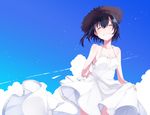  ^_^ black_hair breasts cleavage closed_eyes cloud cowboy_shot day dress facing_viewer hat highres original skirt skirt_hold sky sleeveless sleeveless_dress small_breasts smile solo straw_hat sun_hat sundress u35 white_dress 