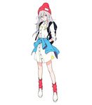  backpack bag beanie clothes_around_waist grey_hair hat jacket_around_waist poo_(donkan_gokko) red_eyes solo white_background 