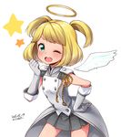  ;d angel_wings artist_name bangs blonde_hair blush dated elbow_gloves epaulettes gloves green_eyes halo hand_on_hip kanya_pyi one_eye_closed open_mouth otoca_d'or prid_(otoca_d'or) short_hair short_twintails signature skirt smile solo twintails two_side_up wings 