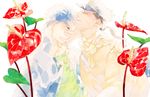  anthurium black_hair blue_hair chain closed_eyes earrings flower green_eyes hand_on_another's_face hat jewelry jojo_no_kimyou_na_bouken kuujou_joutarou male_focus meganeneko mohammed_avdol multiple_boys pastel_(medium) smile stud_earrings white_background 