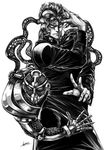  araki_hirohiko_(style) earrings gakuran greyscale hierophant_green inubana_jiruno jewelry jojo_no_kimyou_na_bouken kakyouin_noriaki male_focus monochrome school_uniform signature standing tentacles 