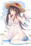  barefoot black_hair blush brown_eyes dress hair_ornament hairclip haruna_(kantai_collection) hat kantai_collection kneeling_on_water long_hair ribbon riruno smile solo straw_hat sun_hat sundress wrist_ribbon 