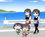  akagi_(kantai_collection) black_hair blue_hair brown_hair carrying chibi fairy_(kantai_collection) hiryuu_(kantai_collection) kaga_(kantai_collection) kantai_collection multiple_girls muneate shishigami_(sunagimo) souryuu_(kantai_collection) thighhighs type_99_dive_bomber water younger 