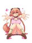 :d animal_ears braid breasts brown_hair covered_nipples dog_ears dog_tail esoragoto feet hair_ribbon heart heart_in_mouth highres knees_together_feet_apart large_breasts long_hair open_mouth original outstretched_arms panties pantyshot pantyshot_(sitting) pink_eyes reaching_out ribbon simple_background sitting smile socks solo striped striped_legwear tail thighs twin_braids underwear upskirt very_long_hair white_background white_panties 