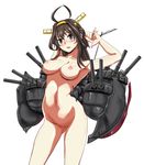  arms_up blush breasts brown_hair cannon collarbone grey_eyes headgear interlocked_fingers kantai_collection kongou_(kantai_collection) long_hair machinery medium_breasts navel nipples nude open_mouth simple_background solo white_background yaruku 