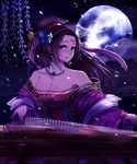  absurdres ansung bad_id bad_pixiv_id bare_shoulders beads blue_eyes breasts brown_hair chinese_clothes cleavage earrings facial_mark fingernails forehead_mark full_moon guzheng hair_ornament hair_ribbon hair_stick hairpin hanfu highres instrument jewelry large_breasts long_hair long_sleeves moon music nail_polish necklace night night_sky off_shoulder playing_instrument red_nails ribbon sash shawl shingoku_no_valhalla_gate sky solo 
