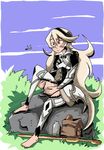  armor armored_dress bangs barefoot blonde_hair bug cloud commentary day dragonfly female_my_unit_(fire_emblem_if) fire_emblem fire_emblem_if grass hair_between_eyes hairband hands_on_thighs insect long_hair my_unit_(fire_emblem_if) purple_sky red_eyes rock setz sitting solo sword very_long_hair weapon 