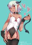  2015 bad_id bad_pixiv_id blush bulge character_request choker claws collar collarbone copyright_request corset dated demon_boy earrings fang fingernails garter_straps gloves heart highres holding_tail horns incubus jewelry kyuuso_inukami male_focus otoko_no_ko pointy_ears red_eyes short_hair silver_hair solo tail thighhighs 