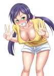  1girl blush breasts cleavage double_v downblouse erect_nipples female green_eyes grin huge_breasts large_breasts leaning_forward long_hair looking_at_viewer love_live!_school_idol_project no_bra purple_hair shorts simple_background smile solo toujou_nozomi twintails v white_background zheng 