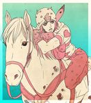  androgynous animal arm_warmers bad_id bad_pixiv_id bag blue_background border dororosso expressionless hat heart heart_print horse horseback_riding horseshoe johnny_joestar jojo_no_kimyou_na_bouken leaning_forward limited_palette looking_to_the_side male_focus pants pink_hair pink_pants riding short_sleeves simple_background star star_print steel_ball_run 