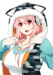  blush breasts camouflage cleavage commentary_request headphones hood hoodie large_breasts long_hair looking_at_viewer nitroplus open_mouth pink_hair pom_pom_(clothes) raglan_sleeves red_eyes sleeveless sleeveless_hoodie smile solo super_sonico waniwani 