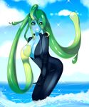  absurdres ahoge blue_skin blush breast_slip breasts cloud covering covering_one_breast day goo_girl green_eyes green_hair grin highres long_hair looking_at_viewer magpii medium_breasts monster_girl monster_musume_no_iru_nichijou ocean one_breast_out outdoors sky smile solo suu_(monster_musume) tentacle_hair transparent very_long_hair wading water wetsuit 