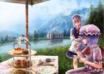 apron ascot blue_dress blue_eyes blue_hair blue_sky bow braid brooch cake cinnamon_roll collared_shirt commentary_request cup day dress food frilled_dress frilled_shirt_collar frills grass hair_bow hat izayoi_sakuya jewelry kisuke1212 legs light_smile maid maid_apron maid_headdress misty_lake mob_cap mountain multiple_girls nature outdoors pink_shirt pink_skirt plate red_eyes reflection remilia_scarlet sandwich saucer scarlet_devil_mansion scenery shirt short_dress short_hair short_sleeves silhouette silver_hair sitting skirt sky table tablecloth teacup teapot tiered_tray touhou tree twin_braids umbrella white_shirt wrist_cuffs 