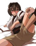  blush book breasts brown_hair hand_under_clothes hand_under_shorts hyuuga_(kantai_collection) kantai_collection large_breasts open_mouth shiba_yuuki short_hair shorts smile solo_focus spread_legs yellow_eyes 